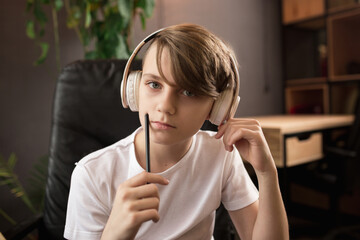 Little boy wearing headphones during online education course, lesson, view of screen. Using...
