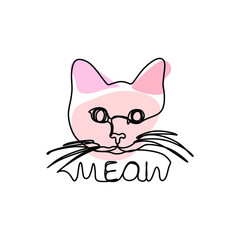 Fashion trendy one line cute cat illustration. Abstract modern cat. Image with the inscription meow. Suitable for prints, textiles, t-shirts, logos, web, banners, cards, invitations. Vector