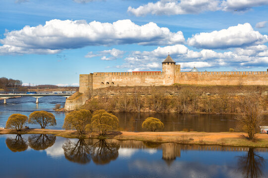 Ivangorod fortress on Narva river n sunny spring day. Russia
