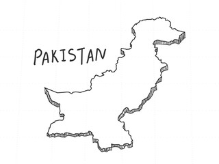 Hand Drawn of Pakistan, 3D Map on White Background.
