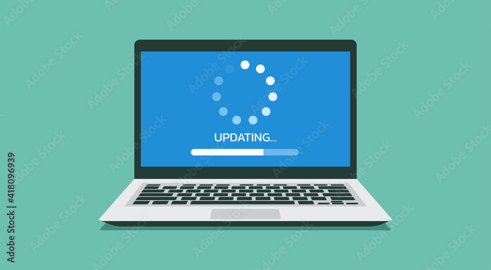 Poster system software update and loading process concept in laptop computer screen, vector flat illustration