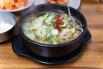 Close-up of Korean food, bean sprouts soup rice