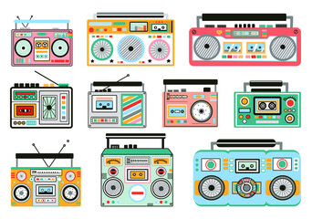 Set of cute and colorful old school tape recorders doodles. Vintage boombox icons. Hand drawn illustration. - obrazy, fototapety, plakaty