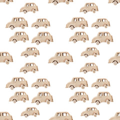 Seamless pattern,Toy cars made of wood. On a white background.