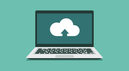 Cloud computing uploading technology icon on laptop computer screen, vector flat illustration