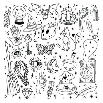 Set of trendy magic doodles in cute and playful colors. Witchcraft, moon spells, love potions, amulets and other cute details will be perfect for your project.