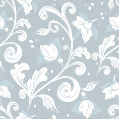 Fototapeta na wymiar Rococo floral seamless pattern.White flowers,leaves on gray background.Damask ornament, royal victorian texture