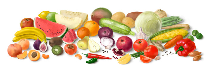 Collage of fresh vegetables and fruit for layout isolated on white background. Hand-drawn illustration.