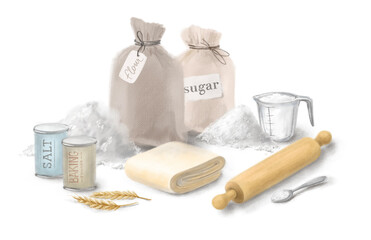 Baking ingredients on white background. Eggs, rolling pin, flour, sugar, puff pastry. Home baking concept, baking cake or cookies ingredients