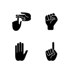 Fototapeta premium Hand gestures black glyph icons set on white space. Raised fist. Stop doing something sign. Index finger up. Communication with gestures. Silhouette symbols. Vector isolated illustration