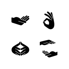 Hand gestures black glyph icons set on white space. Okay gesture. Steeple hand. Two hands holding something. Finger-tips touching each other. Silhouette symbols. Vector isolated illustration