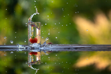 The red fruit dropped into the glass of water on green blurred background.Fresh Clean water splash reflection in water.