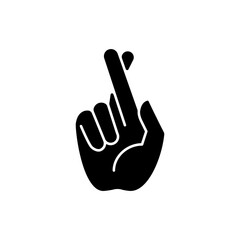 Fototapeta na wymiar Crossed fingers black glyph icon. Hand gesture used to wish for luck. Keep your fingers crossed. Implore God for protection. Silhouette symbol on white space. Vector isolated illustration