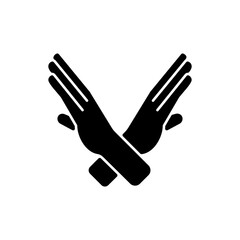 Crossed arms, stop gesture black glyph icon. Request to stop action. Prohibition of action. Stop violence. Stop doing this. Silhouette symbol on white space. Vector isolated illustration