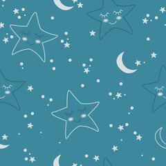Baby seamless pattern with cute smiling and sleeping stars. Vector illustration.