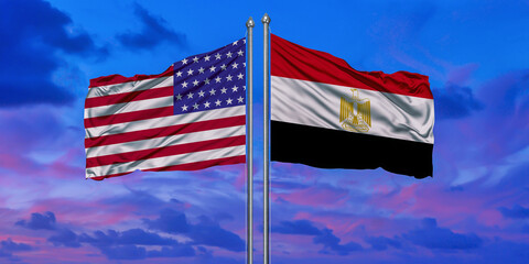 flag of America with Egypt flag on sky background