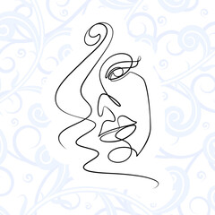 International Women's Day minimal design line drawing style. Portrait of young woman beauty face isolated on pastel leaf background. Vector for Spa, fashion, hairdressing and beautiful artwork design.