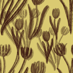 Pencil drawing tulips with leaves on yellow background. Seamless pattern. Print, packaging, fabric, textile, kitchen design