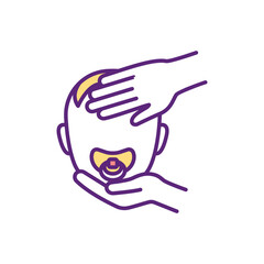 Caring for sick baby RGB color icon. Infant cold treatment. Dealing with baby illness. Managing newborn fever, high temperature. Flu relieving. Soothing sick toddler. Isolated vector illustration