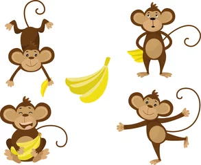 Fototapete Affe Sammlung von Affen in verschiedenen Posen mit Banane