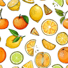 Pattern. Fresh food. Watermelon, cantaloupe, pomegranate, apricot, persimmon line drawn on a white background. Vector illustration.