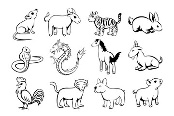 Set of twelve lunar zodiac horoscope symbol. Concept chinese happy new year. line art  vector illustration cartoon of twelve animal.