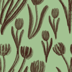 Pencil drawing tulips with leaves on green background. Seamless pattern. Print, packaging, fabric, textile, kitchen design