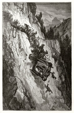 terrible accident of coach falling with horses in a high ravine from a mountain path. Ancient grey tone etching style art by Dore, Magasin Pittoresque, 1838