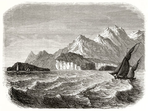 Aden rocky coast with pointed mountains far in the distance from waved sea and sailboats, Yemen. Ancient grey tone etching style art by De Bar, Magasin Pittoresque, 1838