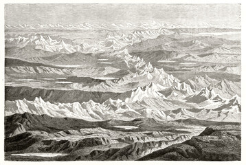 Huge top landscape on the Andes, perspective toward the horizon far in the distance. Ancient grey tone etching style art by Terington and Riou, Magasin Pittoresque, 1838 - 418103926