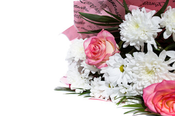 Bouquet of white and pink flowers isolated on white. Roses with copy space.