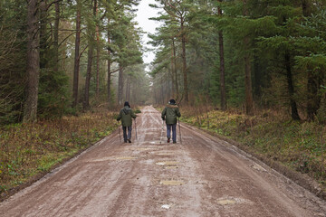 Obraz premium Couple walking on footpath through rural countryside woodland