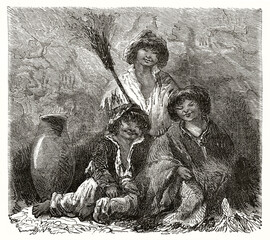 Arequipa region three indigenous children posing happily, Peru. Ancient grey tone rough sketch style art by unidentified author, Magasin Pittoresque, 1838