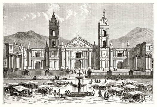 huge Arequipa cathedral overall front view, Peru, the fronting square and market with marquees on it. Ancient grey tone etching style art by Riou, Magasin Pittoresque, 1838