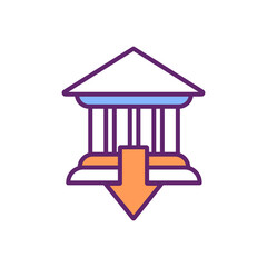 Bank failure RGB color icon. Bankruptcy. Risk for financial system. Broken bank. Business debts. Restructuring, liquidation. Overwhelming debt. Negative impact on credit. Isolated vector illustration