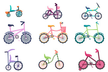 Fototapeta premium A set of bicycles is isolated on a white background. Bicycles for teenagers and toddlers, two-wheeled, three-wheeled. Vector illustration in cartoon style.