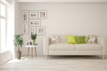 White living room with sofa. Scandinavian interior design. 3D illustration