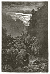 bulls herd leaded in Valencia hilled countryside at dark night, Spain. Ancient grey tone etching style art by Dore, Magasin Pittoresque, 1838