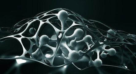 Molecule 3D illustration. Laboratory, molecules, crystal lattice. Nanotech research in biochemistry, chemistry, biology, microbiology