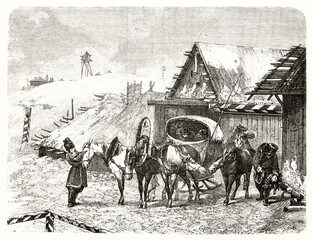 Obraz premium Russian coach station surrounded by winter landscape. Ancient grey tone etching style art by unidentified author, Magasin Pittoresque, 1838
