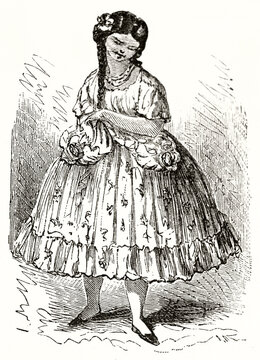 peruvian Chola (laundress). young south american lady full body displayed in traditional long bell skirt. Ancient grey tone etching style art by Riou, Magasin Pittoresque, 1838