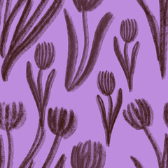 Pencil drawing tulips with leaves on purple background. Seamless pattern. Print, packaging, fabric, textile, kitchen design	
