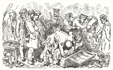 custom police searches severely baggages in La Jonquera customs, Spain. Ancient rough sketch style art by Dore, Magasin Pittoresque, 1838