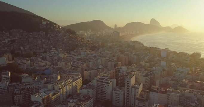 Aerial view of Sugarloaf Mountain and Copacabana Beach from over Ipanema in Rio de Janeiro Brazil
