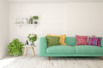 White living room with sofa. Scandinavian interior design. 3D illustration