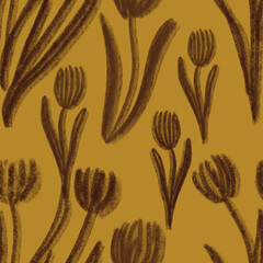 Pencil drawing tulips with leaves on mustard yellow background. Seamless pattern. Print, packaging, fabric, textile, kitchen design