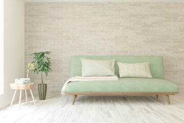 Modern living room in white color with sofa. Scandinavian interior design. 3D illustration