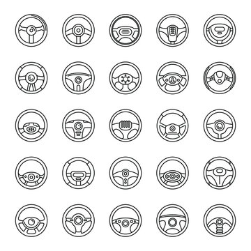 Part car steering wheel icons set. Outline set of part car steering wheel vector icons for web design isolated on white background