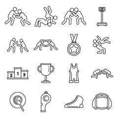 Sport greco-roman wrestling icons set. Outline set of sport greco-roman wrestling vector icons for web design isolated on white background - obrazy, fototapety, plakaty