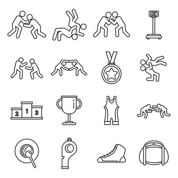Sport greco-roman wrestling icons set. Outline set of sport greco-roman wrestling vector icons for web design isolated on white background